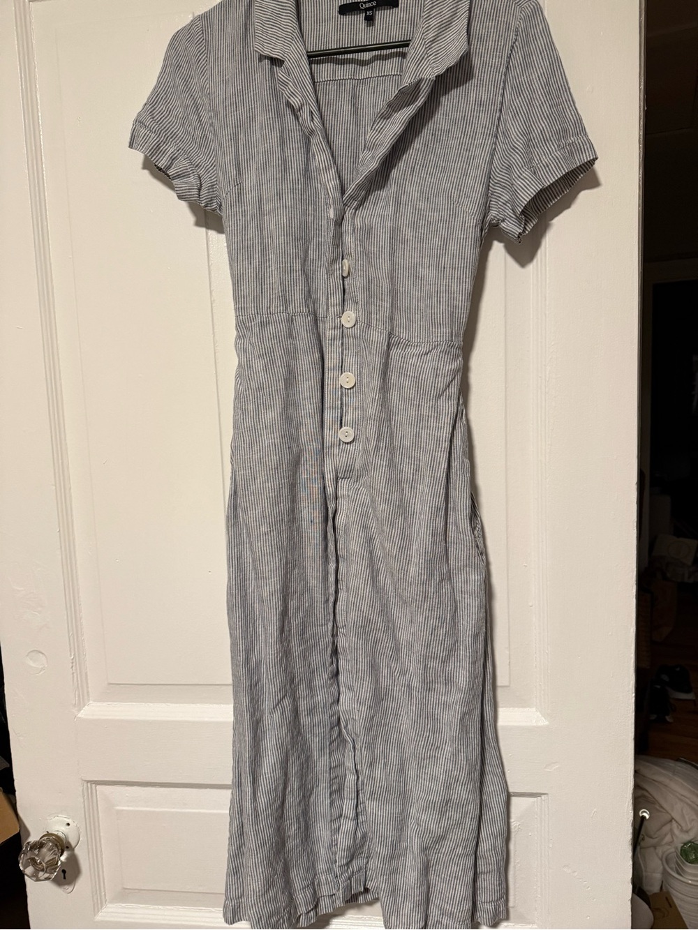 Quince Casual Button-Front Blue Stripe Dress